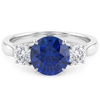 Round Natural Earth Mined Diamond Three Stone Blue Sapphire Ring 2.25 Carats