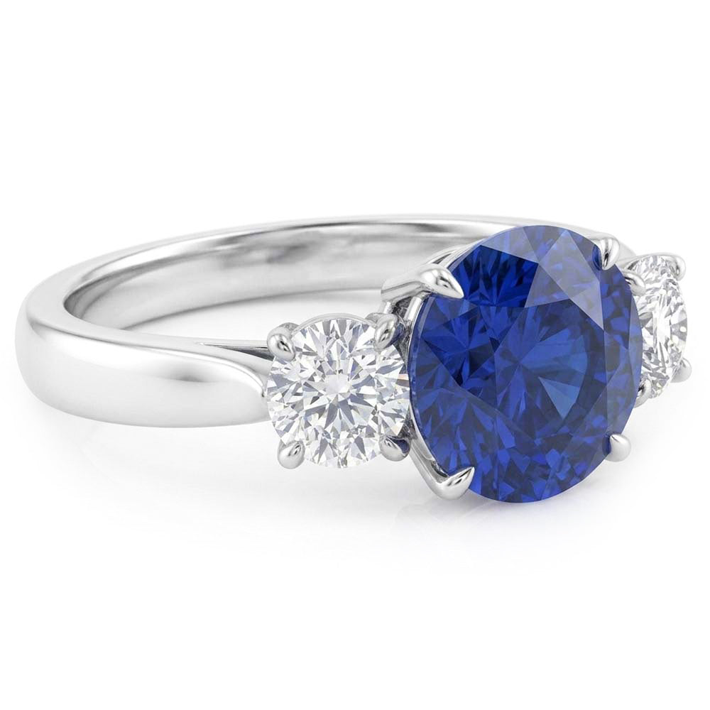 Round Natural Earth Mined Diamond Three Stone Blue Sapphire Ring 2.25 Carats
