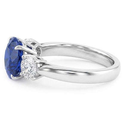 Round Natural Earth Mined Diamond Three Stone Blue Sapphire Ring 2.25 Carats