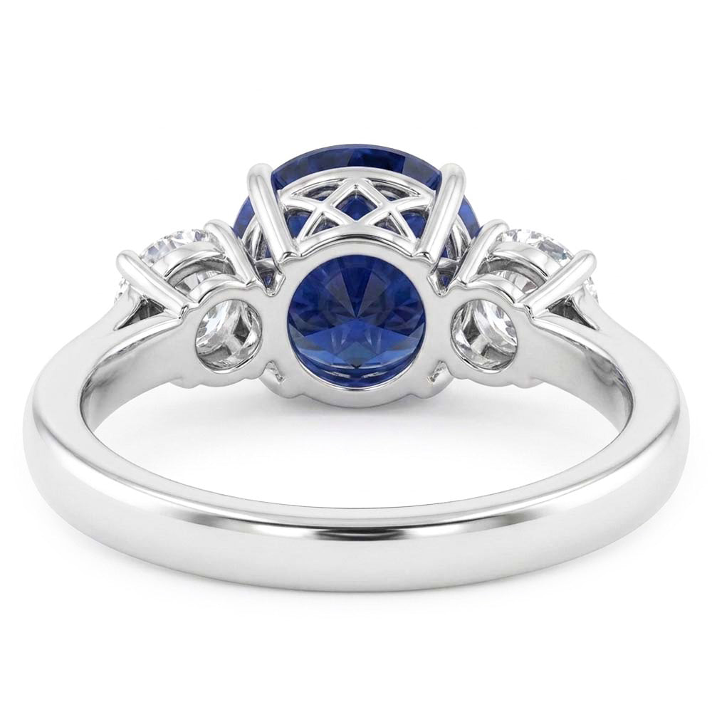 Round Natural Earth Mined Diamond Three Stone Blue Sapphire Ring 2.25 Carats