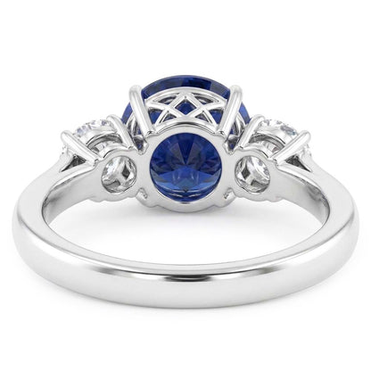 Round Natural Earth Mined Diamond Three Stone Blue Sapphire Ring 2.25 Carats