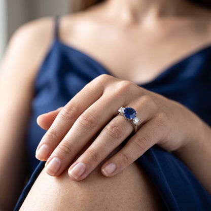 Round Natural Earth Mined Diamond Three Stone Blue Sapphire Ring 2.25 Carats