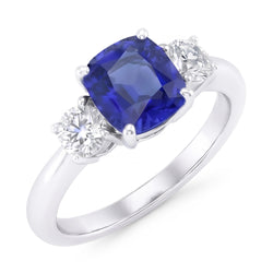 Round Natural Earth Mined Diamond Three Stone Cushion Sri Lankan Sapphire Ring 2 Carats