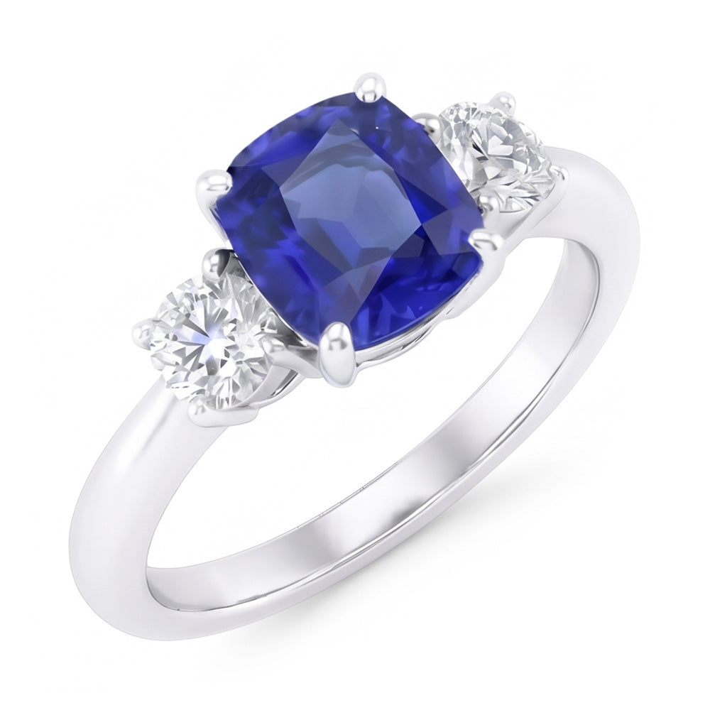 Round Natural Earth Mined Diamond Three Stone Cushion Sri Lankan Sapphire Ring 2 Carats