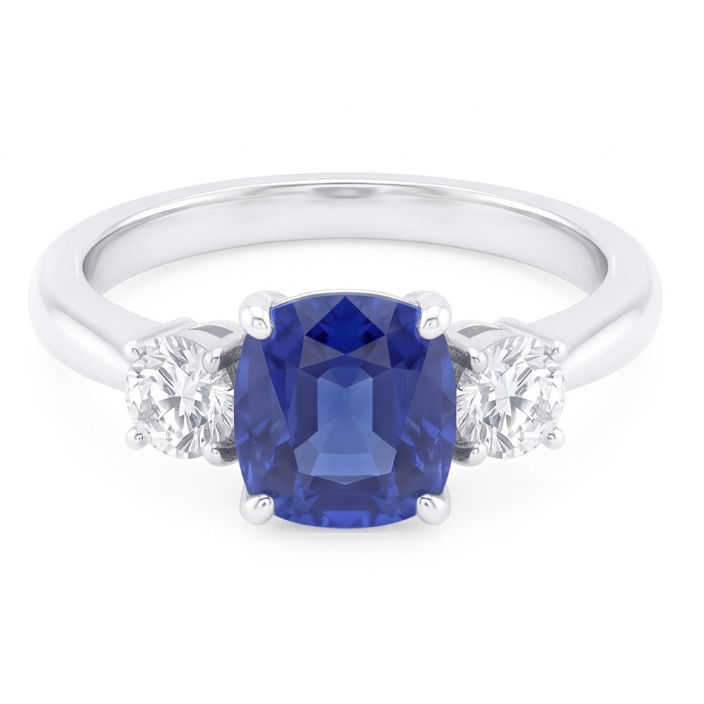 Round Natural Earth Mined Diamond Three Stone Cushion Sri Lankan Sapphire Ring 2 Carats