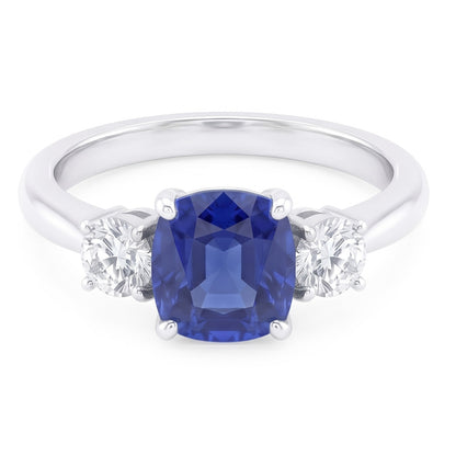 Round Natural Earth Mined Diamond Three Stone Cushion Sri Lankan Sapphire Ring 2 Carats