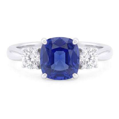 Round Natural Earth Mined Diamond Three Stone Cushion Sri Lankan Sapphire Ring 2 Carats