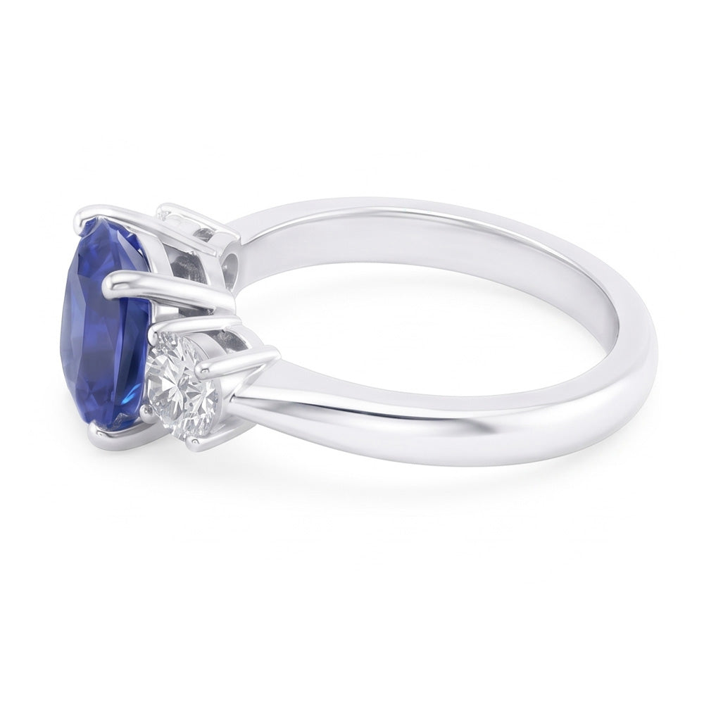 Round Natural Earth Mined Diamond Three Stone Cushion Sri Lankan Sapphire Ring 2 Carats