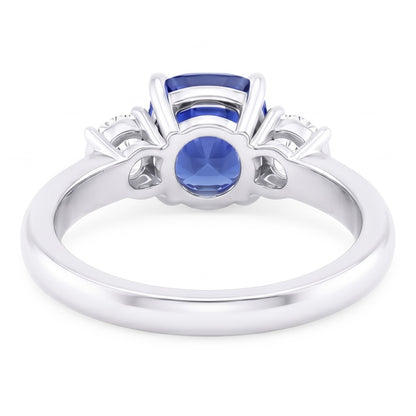 Round Natural Earth Mined Diamond Three Stone Cushion Sri Lankan Sapphire Ring 2 Carats