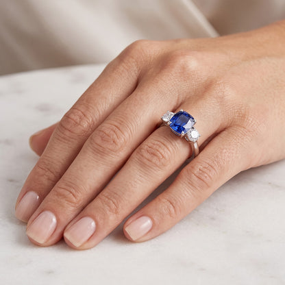 Round Natural Earth Mined Diamond Three Stone Cushion Sri Lankan Sapphire Ring 2 Carats