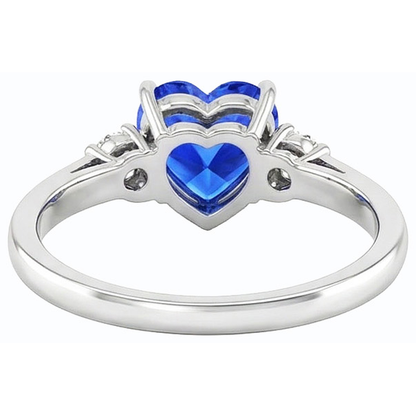 Round Natural Earth Mined Diamond Three Stone Ring Heart Sri Lankan Sapphire 1.75 Carats