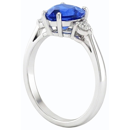 Round Natural Earth Mined Diamond Three Stone Ring Heart Sri Lankan Sapphire 1.75 Carats