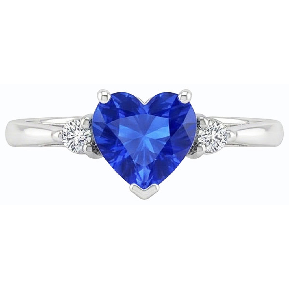 Round Natural Earth Mined Diamond Three Stone Ring Heart Sri Lankan Sapphire 1.75 Carats