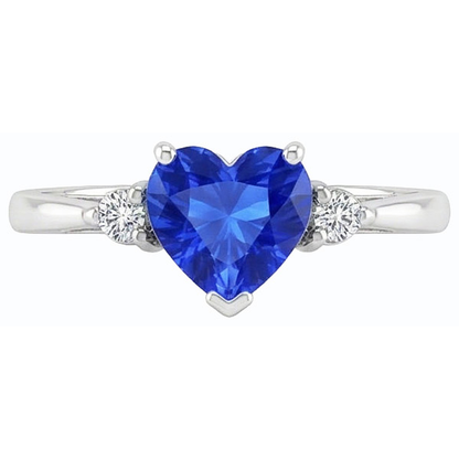 Round Natural Earth Mined Diamond Three Stone Ring Heart Sri Lankan Sapphire 1.75 Carats