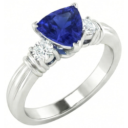 Round Natural Earth Mined Diamond Three Stone Ring Trillion Ceylon Sapphire 1.75 Carats