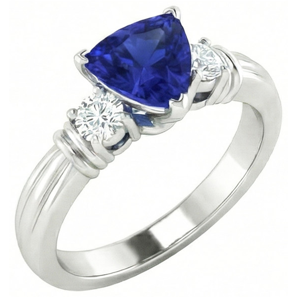 Round Natural Earth Mined Diamond Three Stone Ring Trillion Ceylon Sapphire 1.75 Carats