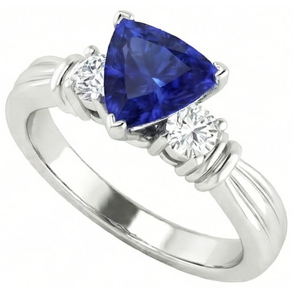 Round Natural Earth Mined Diamond Three Stone Ring Trillion Ceylon Sapphire 1.75 Carats