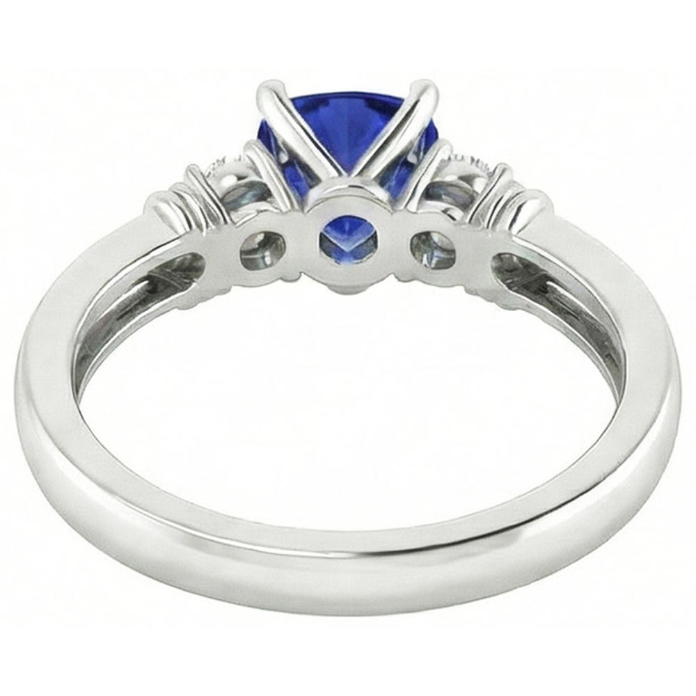 Round Natural Earth Mined Diamond Three Stone Ring Trillion Ceylon Sapphire 1.75 Carats