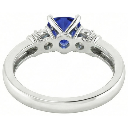 Round Natural Earth Mined Diamond Three Stone Ring Trillion Ceylon Sapphire 1.75 Carats