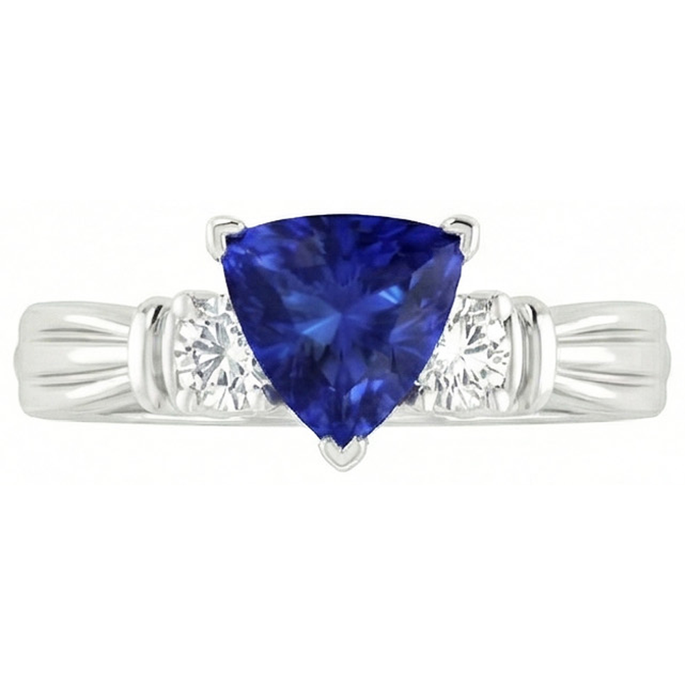 Round Natural Earth Mined Diamond Three Stone Ring Trillion Ceylon Sapphire 1.75 Carats