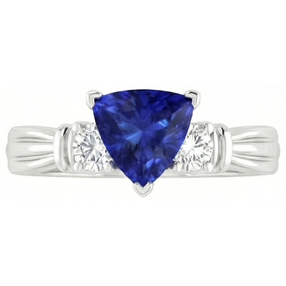 Round Natural Earth Mined Diamond Three Stone Ring Trillion Ceylon Sapphire 1.75 Carats