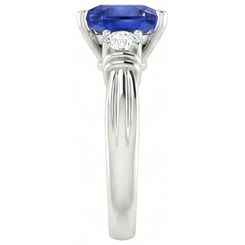 Round Natural Earth Mined Diamond Three Stone Ring Trillion Ceylon Sapphire 1.75 Carats