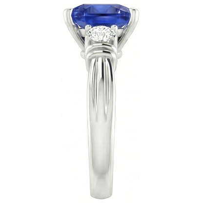 Round Natural Earth Mined Diamond Three Stone Ring Trillion Ceylon Sapphire 1.75 Carats