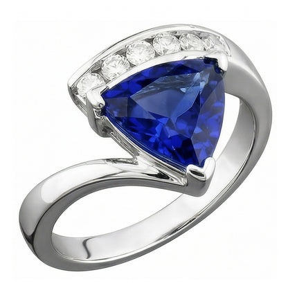 Round Natural Earth Mined Diamond Trillion Blue Sapphire Ring Tension Channel Set 2 Carats