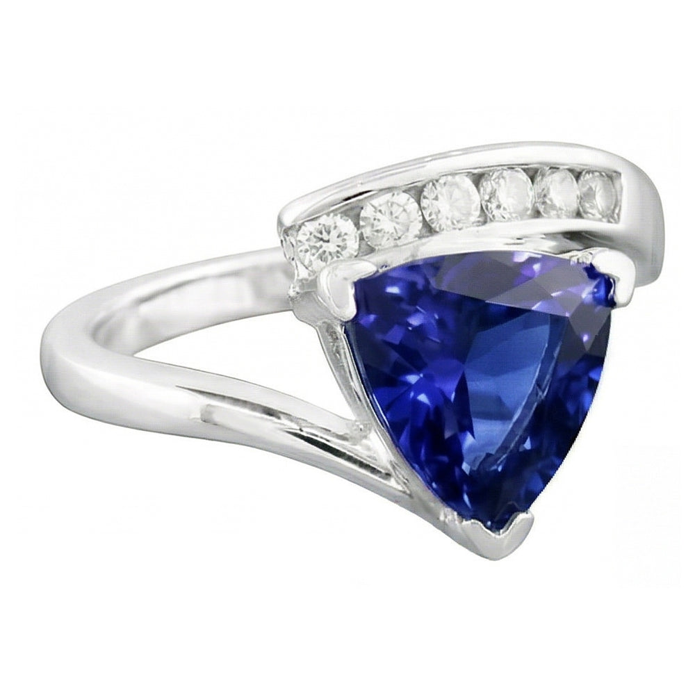 Round Natural Earth Mined Diamond Trillion Blue Sapphire Ring Tension Channel Set 2 Carats