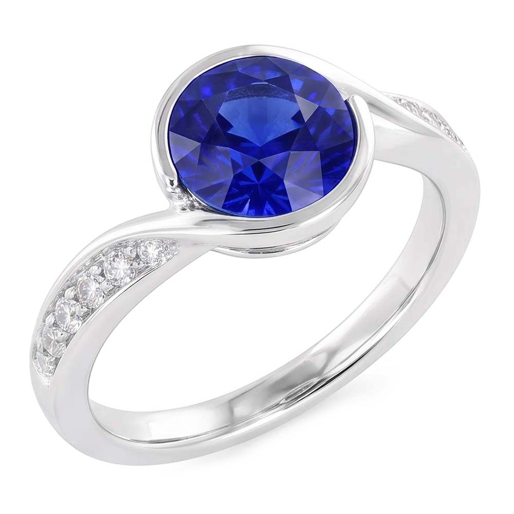 Round Natural Earth Mined Diamond & Blue Sapphire Ring 2.50 Carats Bypass Style Gold Shank