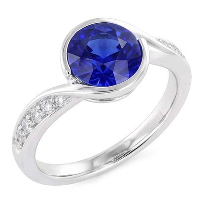 Round Natural Earth Mined Diamond & Blue Sapphire Ring 2.50 Carats Bypass Style Gold Shank