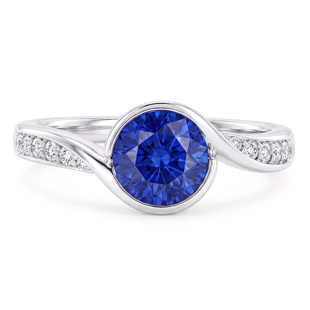 Round Natural Earth Mined Diamond & Blue Sapphire Ring 2.50 Carats Bypass Style Gold Shank