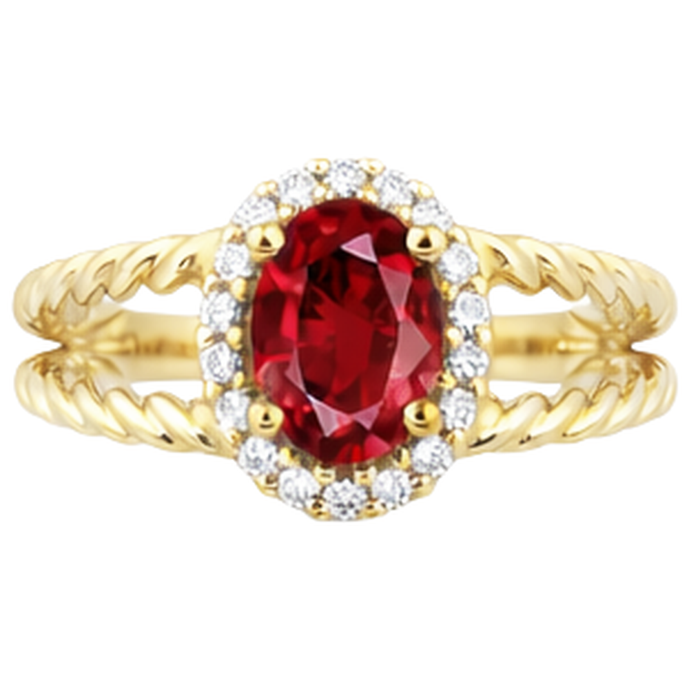 Round Natural Earth Mined Diamond & Oval Ruby Fancy Ring 1.25 Carats Yellow Gold 14K