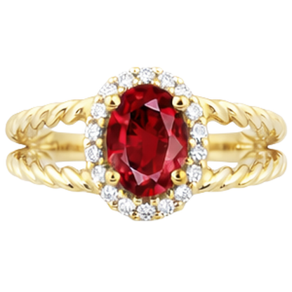 Round Natural Earth Mined Diamond & Oval Ruby Fancy Ring 1.25 Carats Yellow Gold 14K