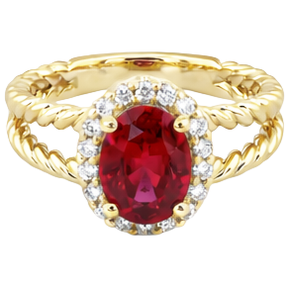 Round Natural Earth Mined Diamond & Oval Ruby Fancy Ring 1.25 Carats Yellow Gold 14K