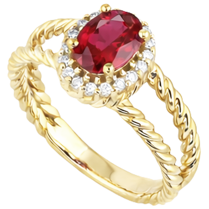 Round Natural Earth Mined Diamond & Oval Ruby Fancy Ring 1.25 Carats Yellow Gold 14K