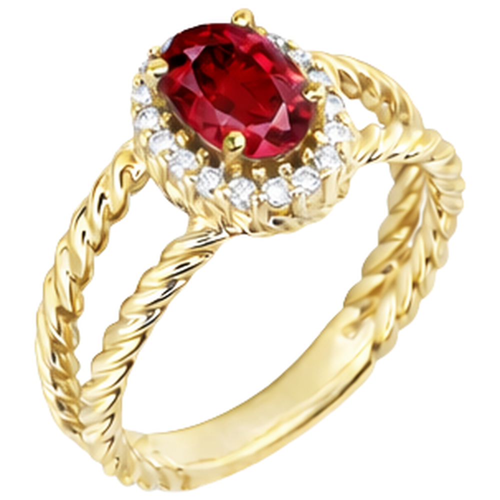 Round Natural Earth Mined Diamond & Oval Ruby Fancy Ring 1.25 Carats Yellow Gold 14K