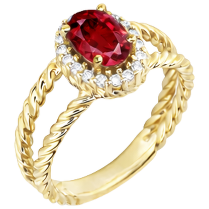 Round Natural Earth Mined Diamond & Oval Ruby Fancy Ring 1.25 Carats Yellow Gold 14K