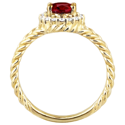 Round Natural Earth Mined Diamond & Oval Ruby Fancy Ring 1.25 Carats Yellow Gold 14K