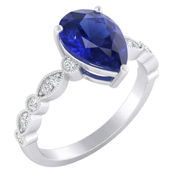 Round Natural Earth Mined Diamond & Pear Blue Sapphire Anniversary Ring 2 Carats Milgrain