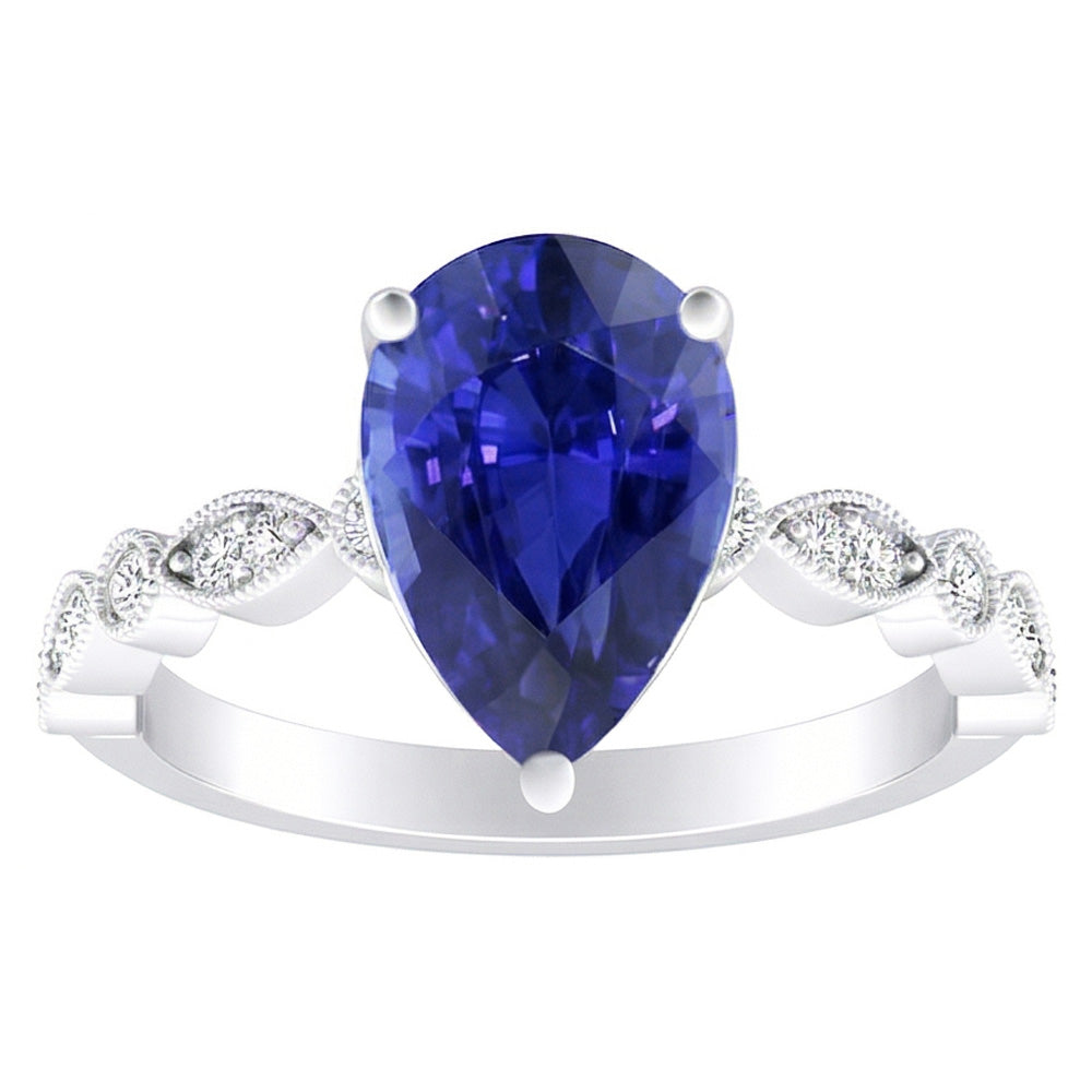 Round Natural Earth Mined Diamond & Pear Blue Sapphire Anniversary Ring 2 Carats Milgrain
