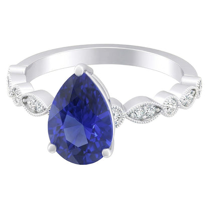 Round Natural Earth Mined Diamond & Pear Blue Sapphire Anniversary Ring 2 Carats Milgrain