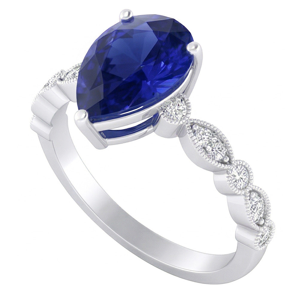 Round Natural Earth Mined Diamond & Pear Blue Sapphire Anniversary Ring 2 Carats Milgrain