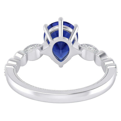 Round Natural Earth Mined Diamond & Pear Blue Sapphire Anniversary Ring 2 Carats Milgrain