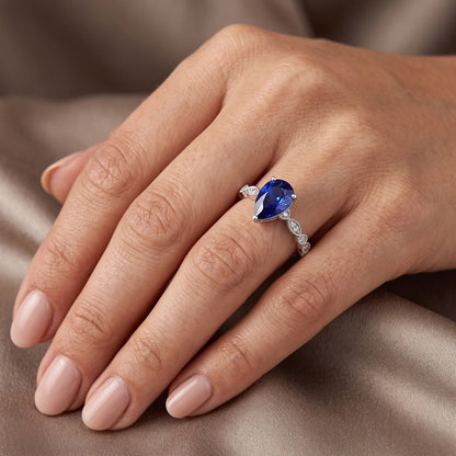 Round Natural Earth Mined Diamond & Pear Blue Sapphire Anniversary Ring 2 Carats Milgrain
