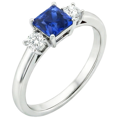 Round Natural Earth Mined Diamond & Princess Blue Sapphire Anniversary Ring 1.25 Carats
