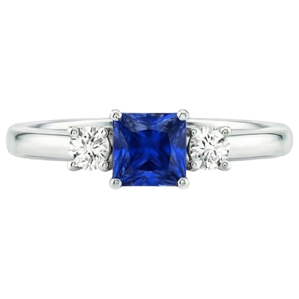 Round Natural Earth Mined Diamond & Princess Blue Sapphire Anniversary Ring 1.25 Carats
