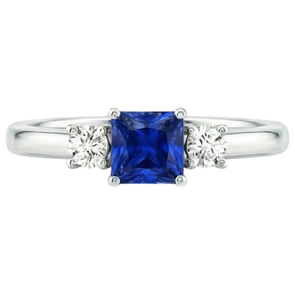 Round Natural Earth Mined Diamond & Princess Blue Sapphire Anniversary Ring 1.25 Carats
