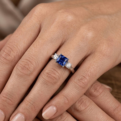 Round Natural Earth Mined Diamond & Princess Blue Sapphire Anniversary Ring 1.25 Carats