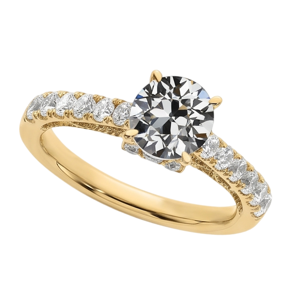 Round Old Mine Cut Real Natural Earth Mined Diamond Ring Fishtail Set Jewelry 3 Carats Yellow Gold